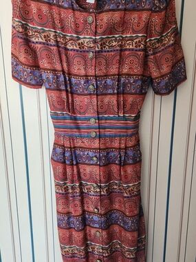 Positive Attitude Rust and Blue Patterned Button-Front Midi Dress Size 11/12